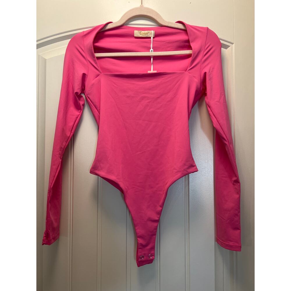 NWT Qinsen Women’s Sexy Square Neck Long Sleeve One-Piece Bodysuit Size S‎ Pink